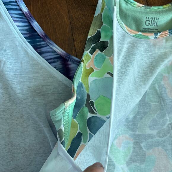 Athleta Girl Perfect Pair Athletic Tank Top Blue Green Printed Sz XL/14 Set of 2 - Picture 7 of 12